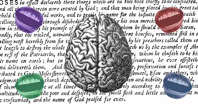 vintage image of a brain over a background of text surrounded by shouting mouths